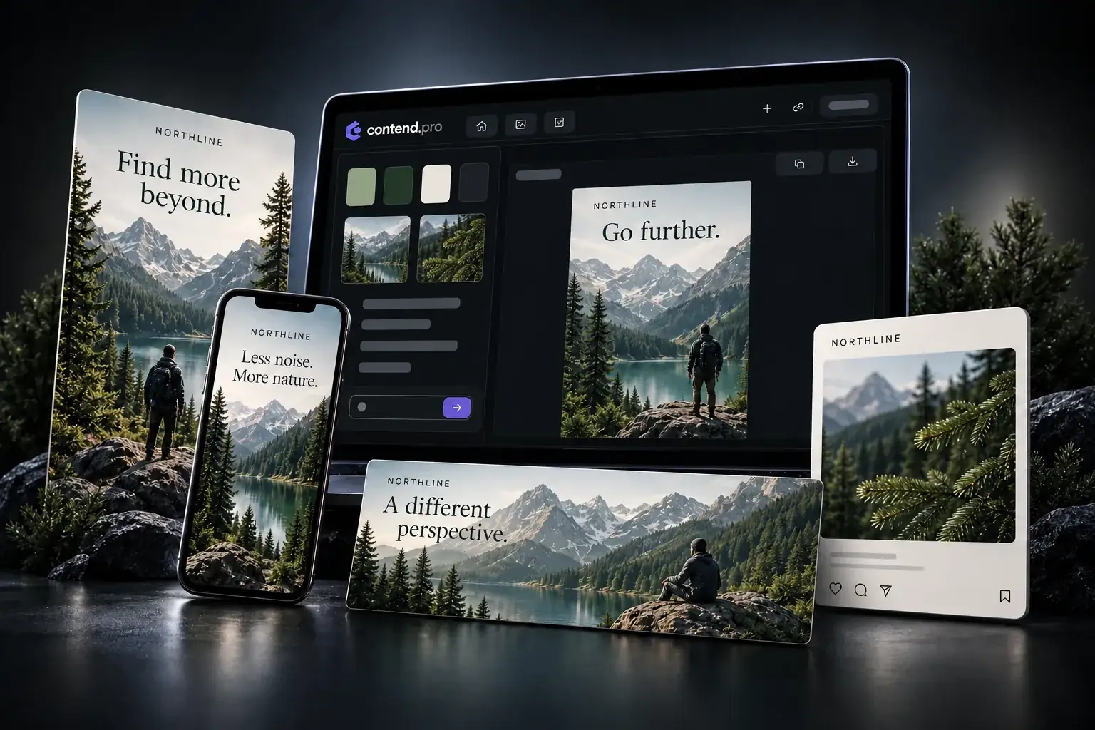 Contend Studio concept with the approved Contend logo and a Northline campaign across an editor, phone, poster and social graphic